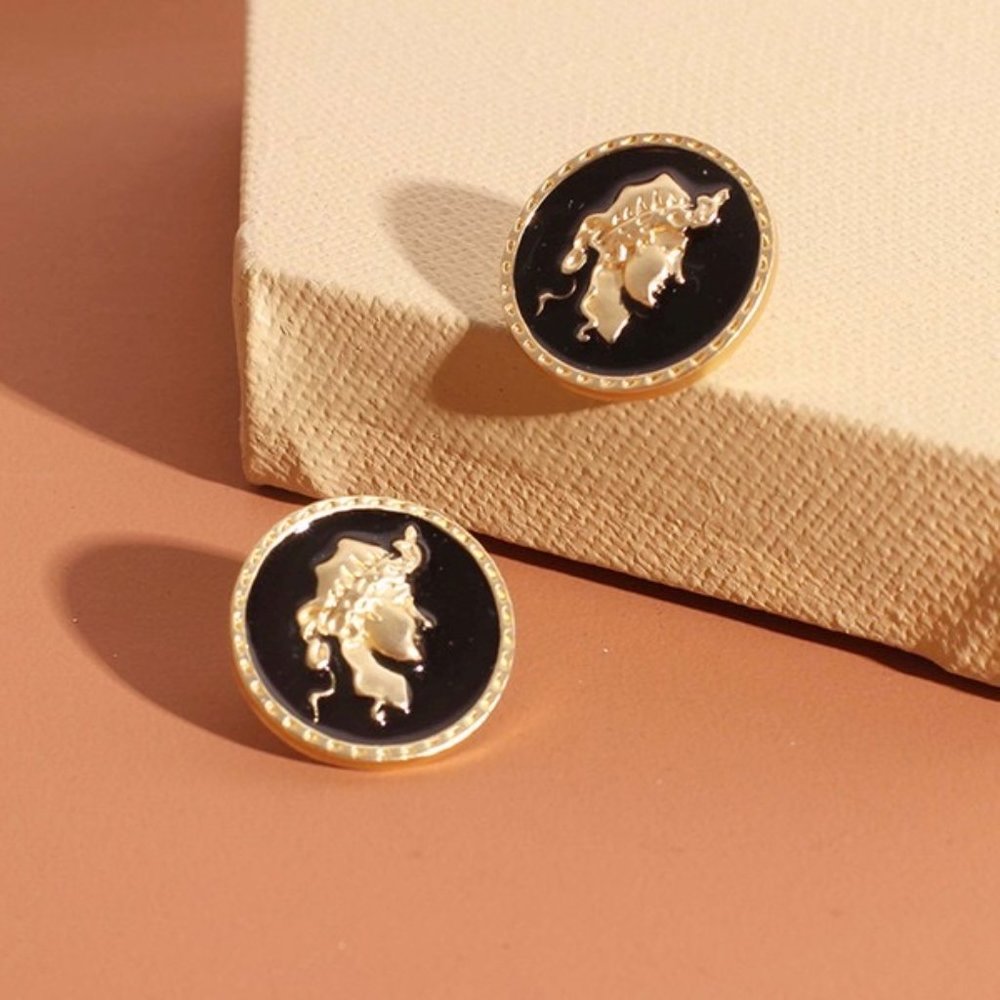 GREEK GODDESS BUTTON EARRINGS - Picture 1 of 4